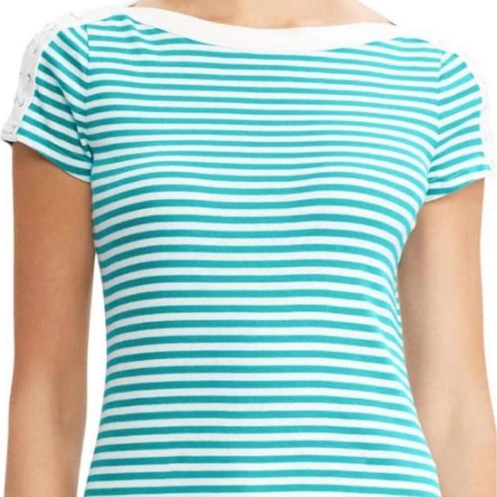 Chaps Women's Teal/White Striped Lace-Up Shoulder Tee Size Large